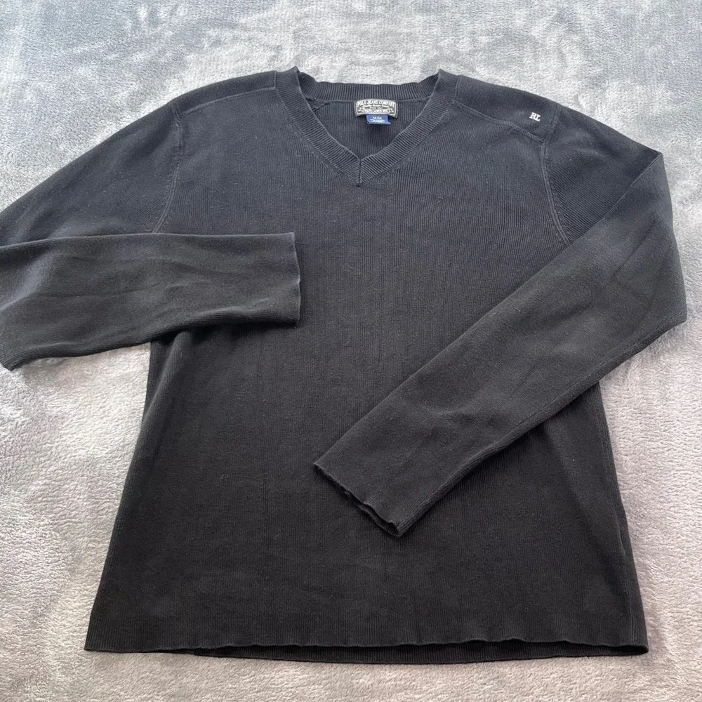 Polo Jeans Co Ralph Lauren Mens V-Neck Sweater Black Ribbed Cotton RL Logo M